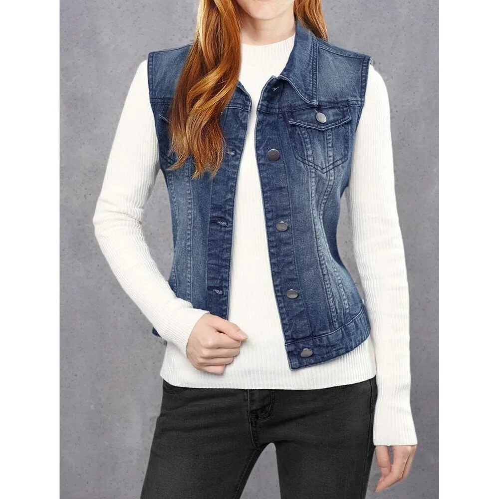 Women's Denim Vest Washed Blue Sleeveless Buttoned Pockets Casual